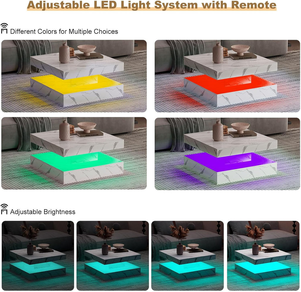 White Marble LED Coffee Table for Living Room, Living Room Table 2-Tier Square Middle Center Table, Modern Coffee Tables with Storage, Contemporary Wood Tea Tables for Dining Reception
