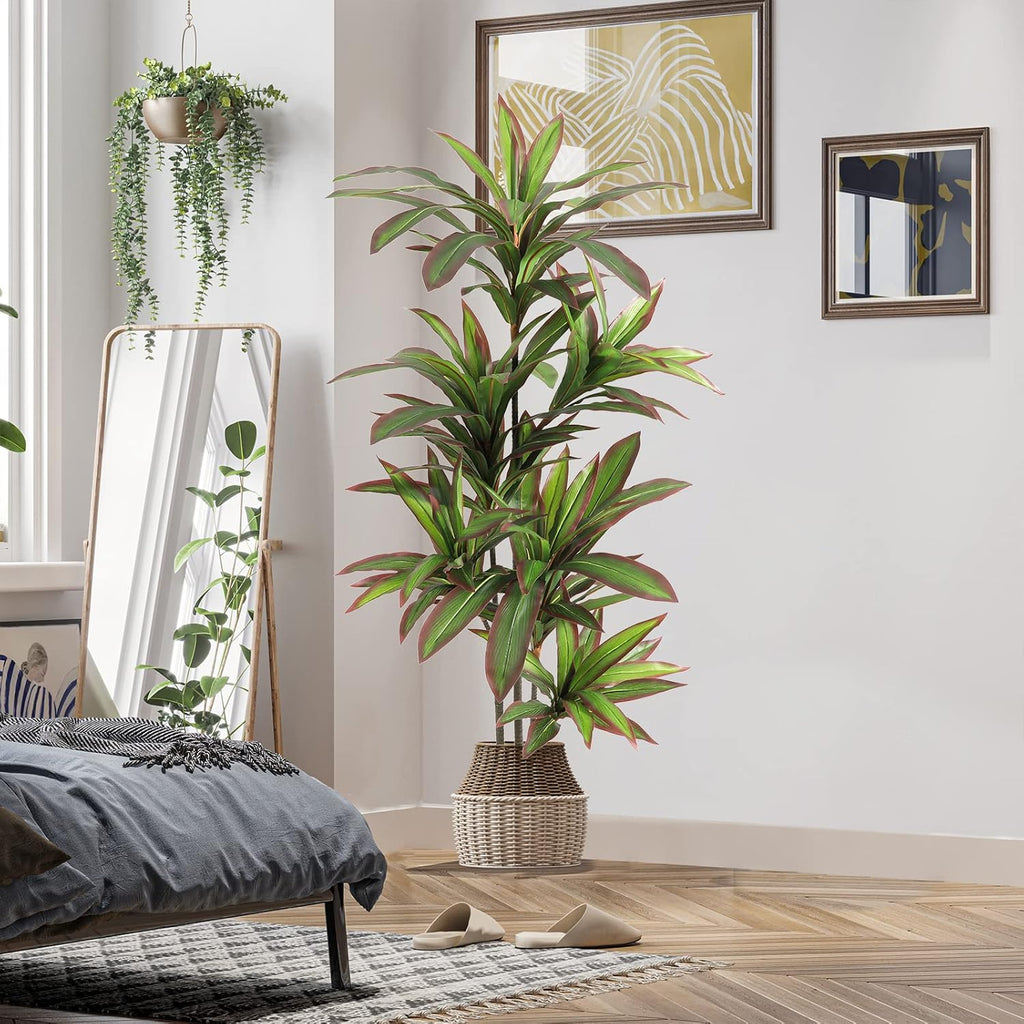 VIAGDO Dracaena Silk Plant Artificial 5ft Faux House Plants with Red Leaf Margin Fake Yucca Palm Trees in Pot Realistic Dragon Tree for Living Room Home Office Decor Indoor Outdoor