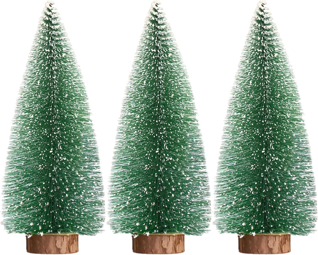 3pcs 10inch Mini Christmas Tree Bottle Brush Trees Chrismas Village Trees Ornaments Mini Plastic Christmas Trees with Wooden Base for Christmas Decoration Miniature Chrismas Tree