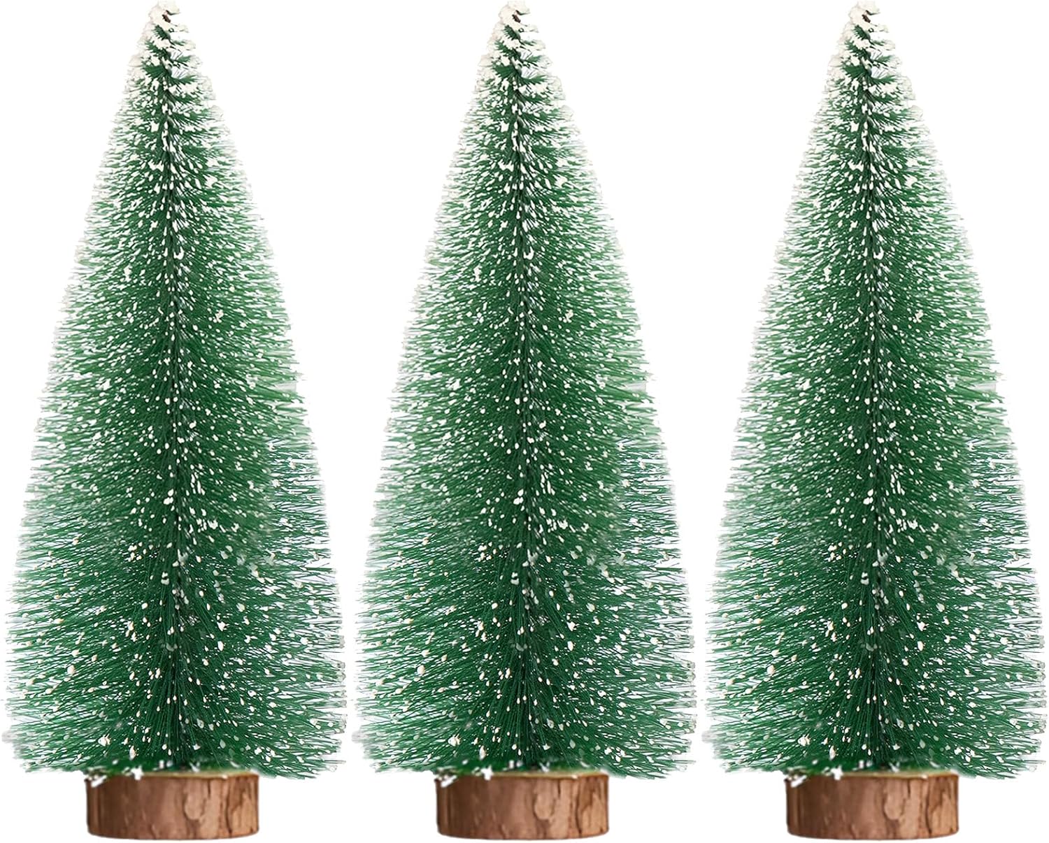 3pcs 10inch Mini Christmas Tree Bottle Brush Trees Chrismas Village Trees Ornaments Mini Plastic Christmas Trees with Wooden Base for Christmas Decoration Miniature Chrismas Tree