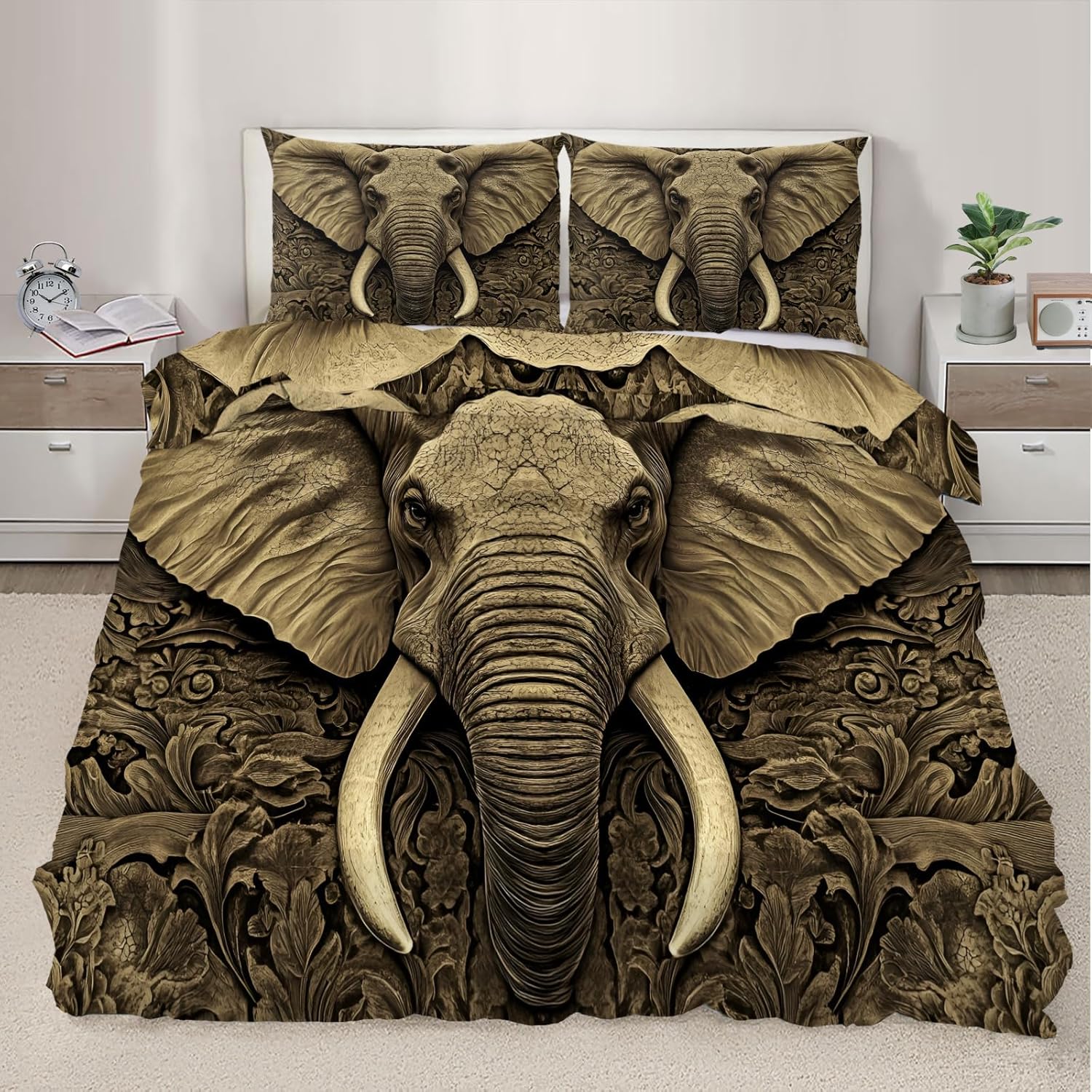 3D Elephant Duvet Cover Twin Carved Rocks Elephant Bedding Set 2 Piece for Kids Bedroom Ancient Indian Comforter Cover with Zipper Ties & 1 Pillowcases