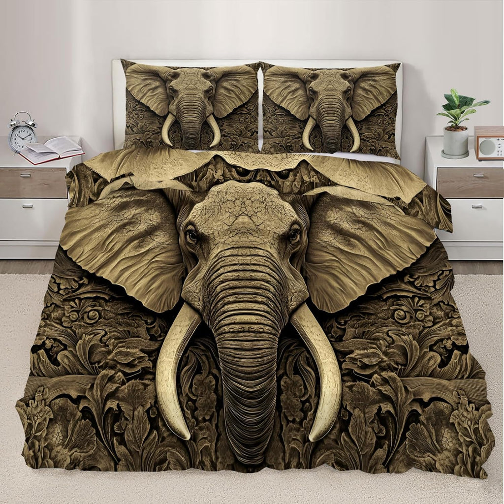 3D Elephant Duvet Cover Twin Size, Carved Rocks Elephant Bedding Set 2 Piece Kids and Adults Ancient Indian Comforter Cover with Zipper Ties & 1 Pillowcases
