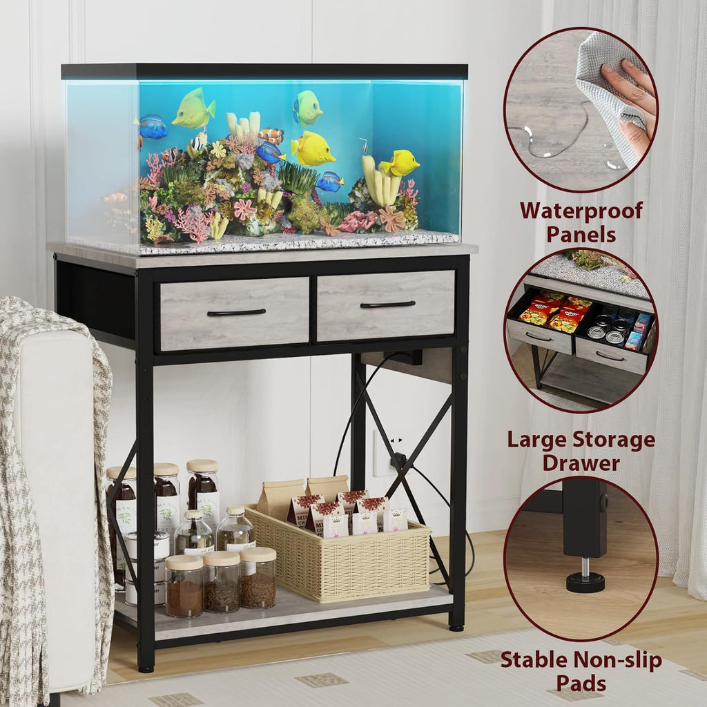 TFK 20-29-37 Gallon Fish Tank Stand with Power Outlet, Heavy Duty Metal Aquarium Stand with Two Storage Drawers for Fish Tank Accessories Storage, Perfect for Turtle Tank, Reptile Terrarium, Grey