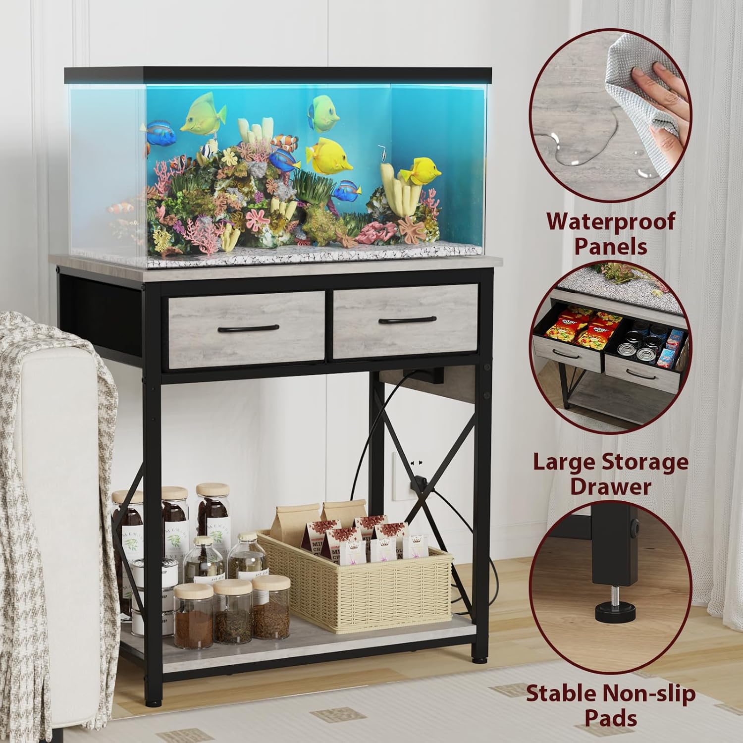 TFK 20-29-37 Gallon Fish Tank Stand with Power Outlet, Heavy Duty Metal Aquarium Stand with Two Storage Drawers for Fish Tank Accessories Storage, Perfect for Turtle Tank, Reptile Terrarium, Grey