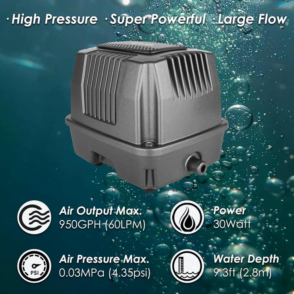 Powerful Linear Air Pump, KP-60 Pond Air Pump Pond Aerator, 950GPH Aeration System for Koi Pond Aeration, Aquarium, Waste Treatment, Fish Farm, Seafood Restaurant