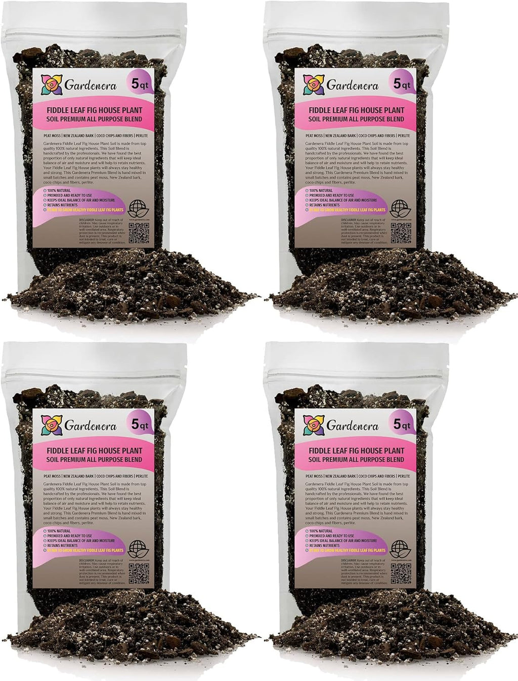 Gardenera Fiddle Leaf Fig Soil Mix - 20 Quart - Premium Blend of Peat Moss, New Zealand Bark, Coco Chips, and Perlite for All Purpose Planting - 4 Bags of 5 Quart
