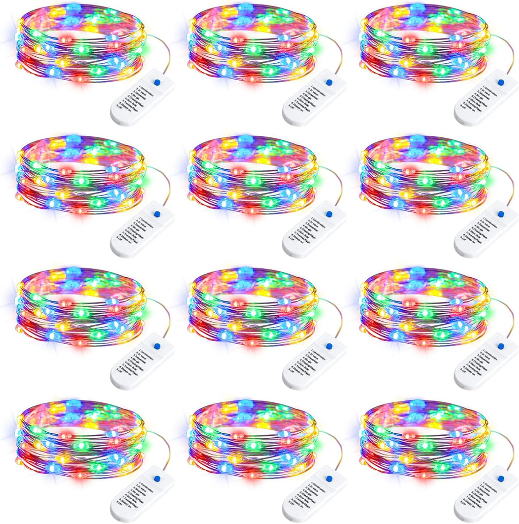 Minetom 12 Pack Fairy Lights Battery Operated String Lights, 8 Modes & Timer, 7ft 20LED Multicolor Waterproof Silver Wire Twinkle Lights, Firefly Starry Moon Lights for Mason DIY Christmas Wedding