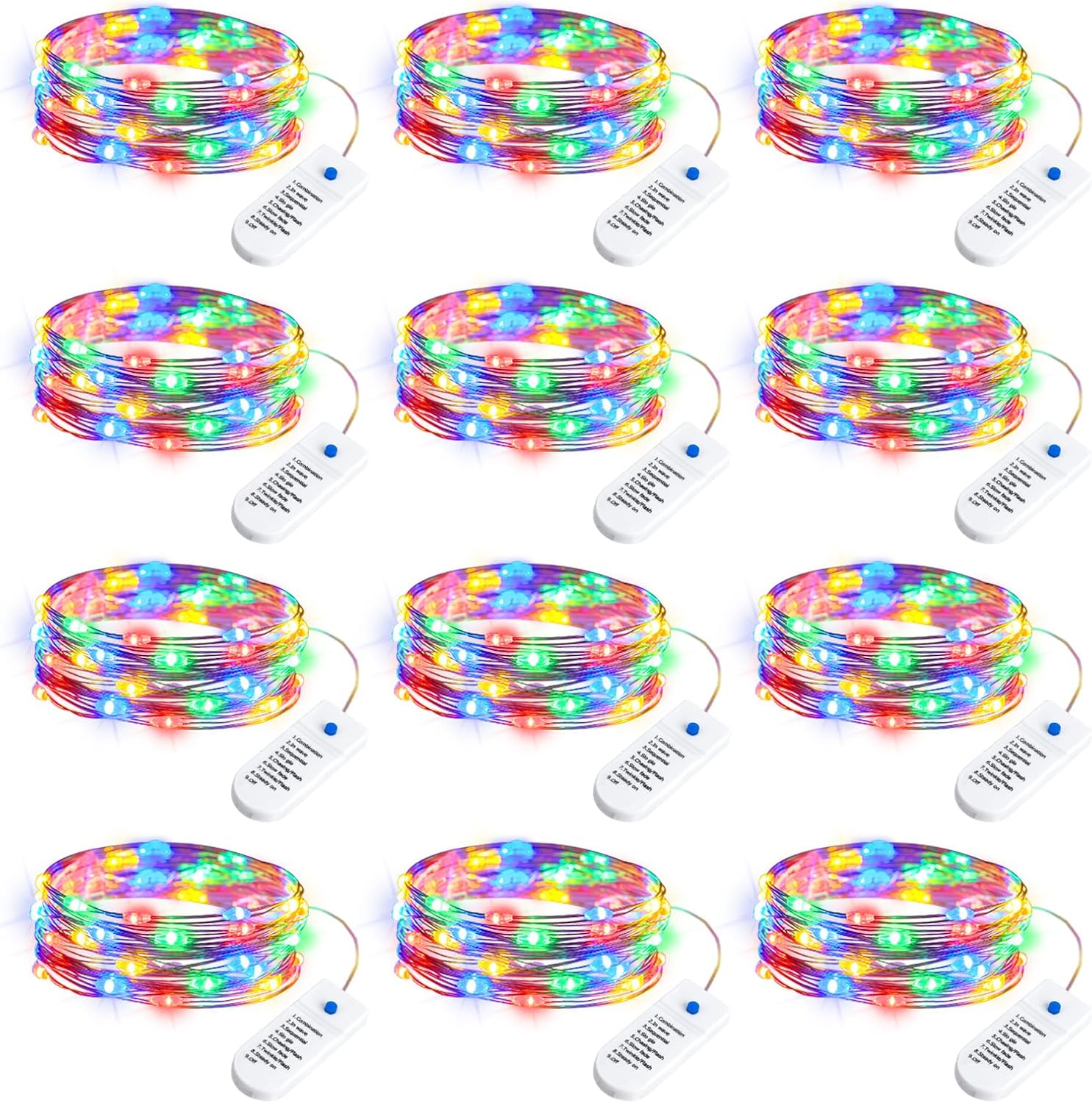 Minetom 12 Pack Fairy Lights Battery Operated String Lights, 8 Modes & Timer, 7ft 20LED Multicolor Waterproof Silver Wire Twinkle Lights, Firefly Starry Moon Lights for Mason DIY Christmas Wedding