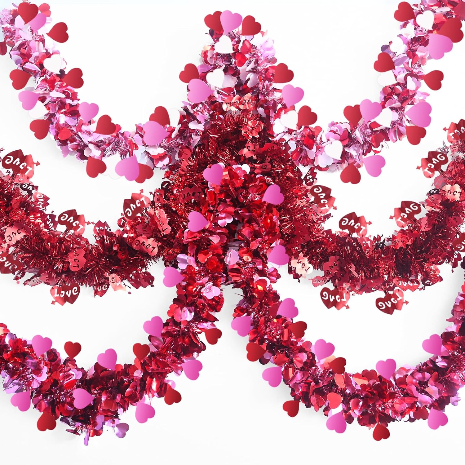 Meag-L 3 Pcs Valentine Garland Tree Decorations Valentine's Day Decors Heart Metallic Tinsel Garlands 29.5Ft Total for Mantle Birthday Anniversary Wreath Indoor Supplies Wedding Party (Red Pink White)