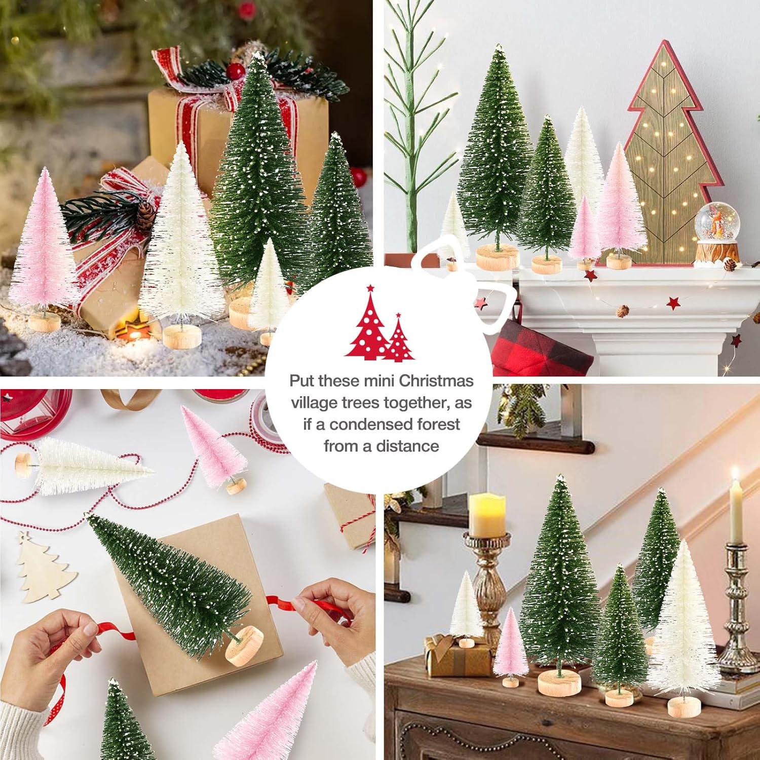 9Pcs Mini Christmas Trees Christmas Decor Artificial Christmas Decorations with 4 Sizes, Christmas Tree Bottle Brush Trees Christmas Table Decorations (Green Beige Pink)