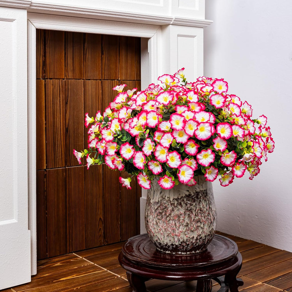 Artificial Faux Flowers for Outdoor 16 Bundles Boxwood Fake Morning Glory for Planter,UV Resistant Fake Flowers for Home Porch Patio Outside（Pink）