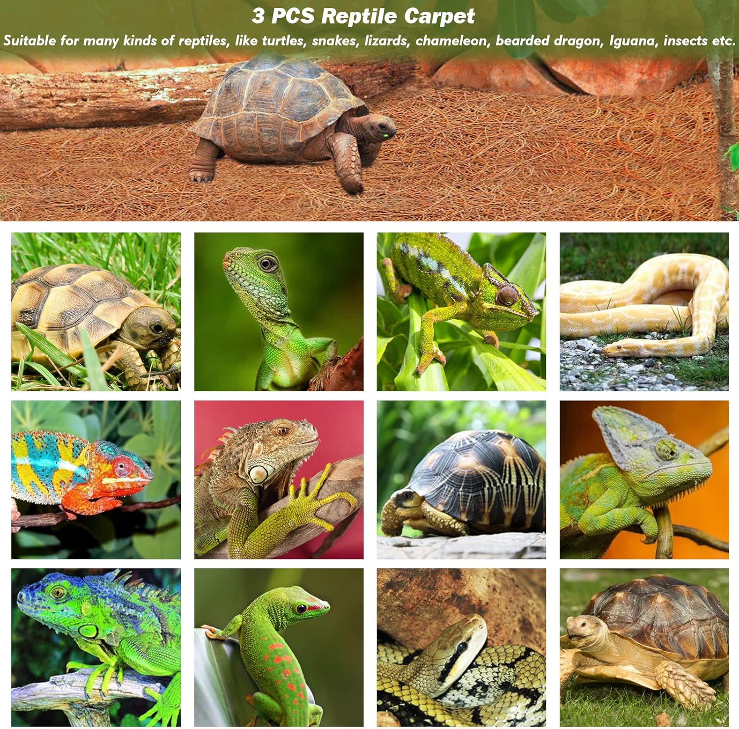 ZeeDix 3 Rolls Reptile Mat, 12 x 20 inches Natural Coconut Fiber Liner Mat Flooring Accessories for Reptile Tank - Bearded Dragon Tortoise Lizard Turtle Snake Leopard Gecko Substrate Bedding