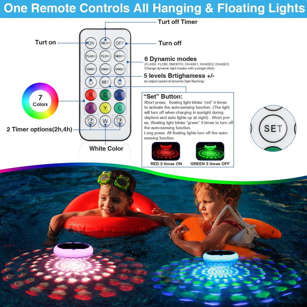 Solar and USB Rechargeable Floating Pool Lights, 2600mAh 6.7" IP68 Waterproof Pool Lights That Float with Remote, RGB 13 Colors Upper and Lower Glow Hangable Solar Floating Light for Outdoor 4 PCS