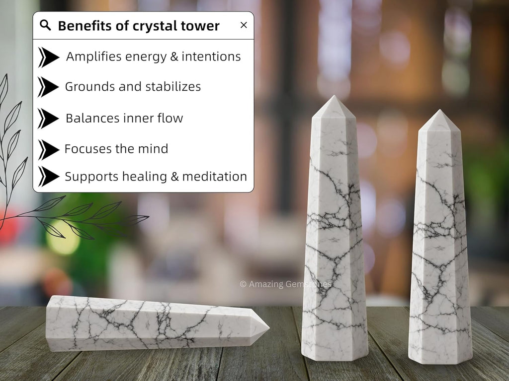 Amazing Gemstone Howlite Crystal Towers - Natural Healing Crystal Point Obelisk for Reiki Healing and Crystal Grid (2 Inch to 3 Inch)