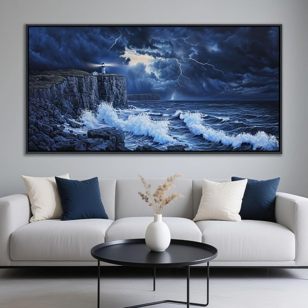 YDYSUNE Large Wall Decor- Ocean Canvas Painting Navy Blue Picture Framed Lighthouse Coastal Wall Art,Huge Waves Seascape Decoration Artwork for Living Room,Bedroom,office Size 29x58 Inches
