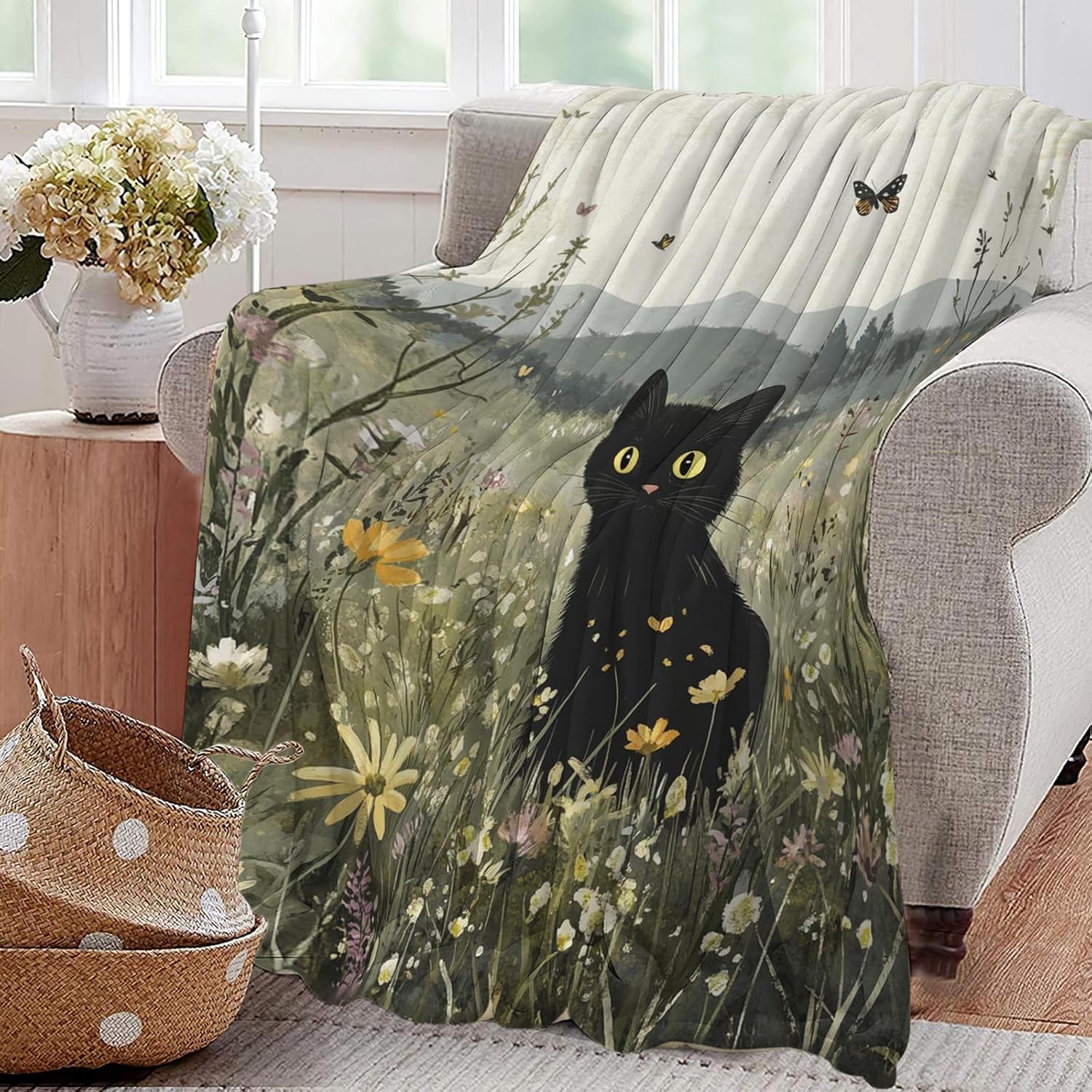 Black Cat Blanket Floral Wildflower Kitten Throw Blankets Gifts for Girls Boys Kids Cat Lover Soft Cozy Fleece Plush for Couch Sofa Bed 50"x40"