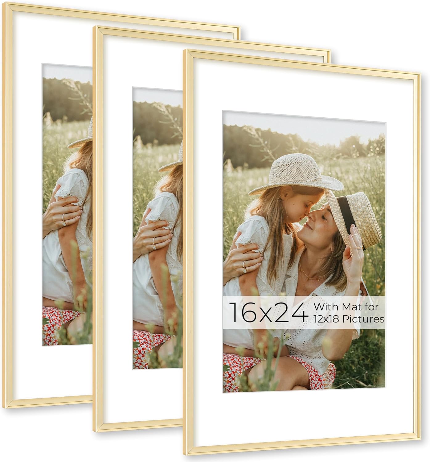 RICHFOCUS Aluminum Picture Frame - 16x24 Gold Metal Frame with Mat for 12x18 Photo, Floating Frame with Tempered Glass - Poster Frame Wall Hook Included for Gallery Wall, Set of 3