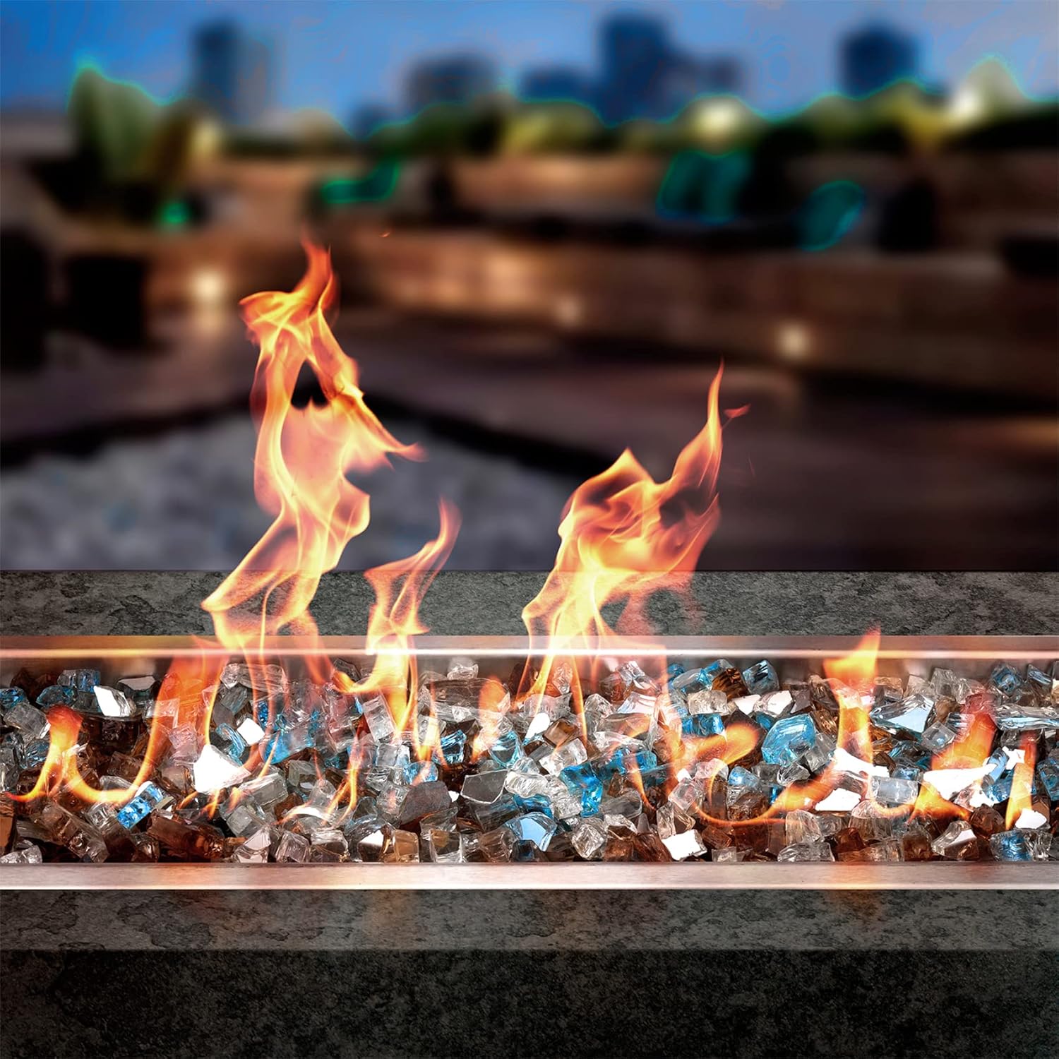 Onlyfire 10 Pounds Blended Reflective Fire Glass for Fire Pit Fireplace and Landscaping, 1/2 Inch Mixed Colored High Luster Fireglass Rocks for Outdoor and Indoor Use - Aqua Blue+Platinum+Copper