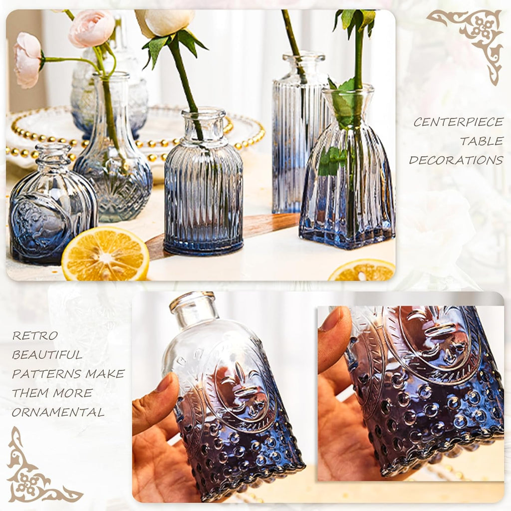 Bud Vases Set of 24, Gradient Blue Vintage Small Vases for Flowers, Clear Crystal Mini Glasses in Bulk, Small Flower Design for Centerpieces Wedding Home Flower Party Decor