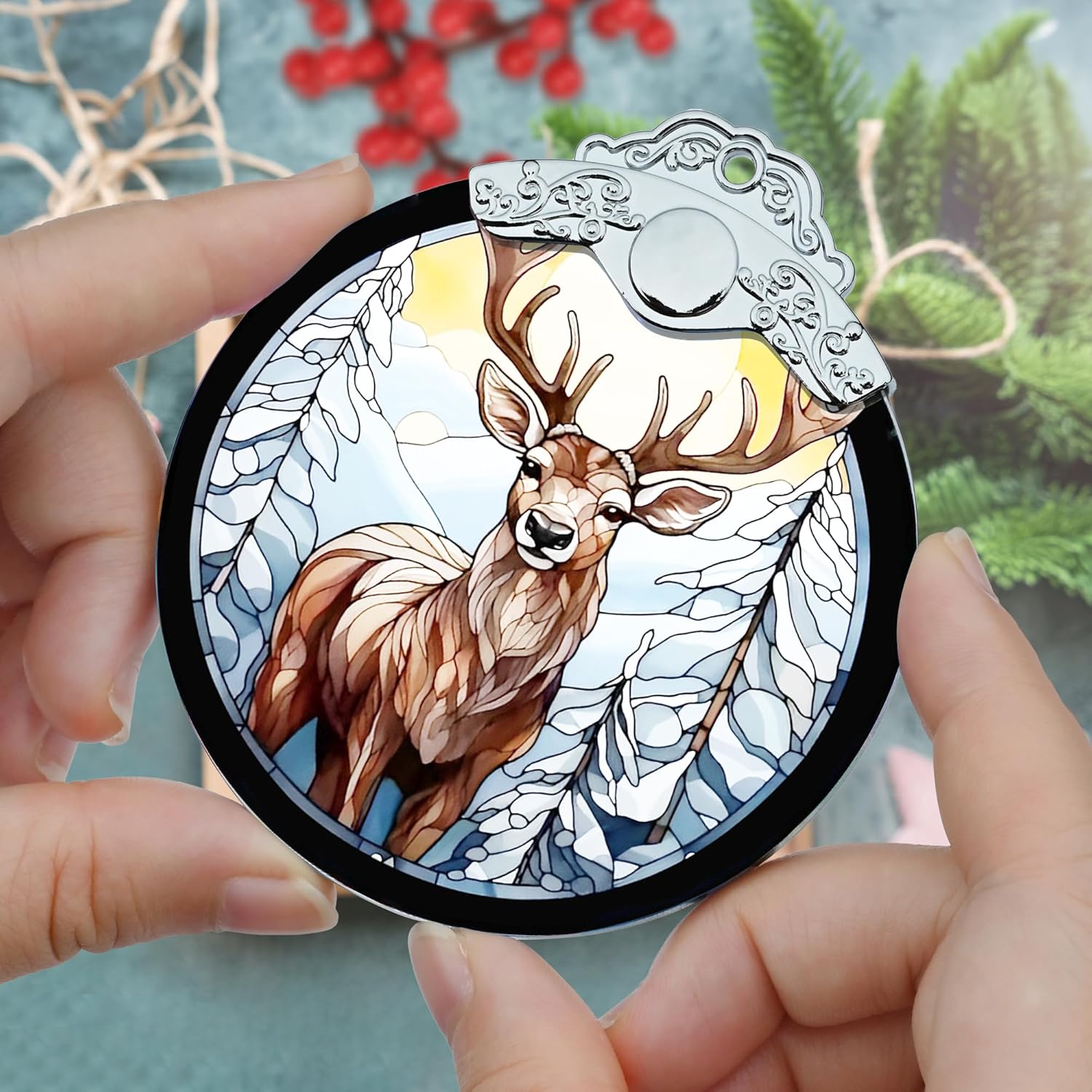 Stained Glass Christmas Ornament, Jocidea Deer Christmas Decorations, Christmas Tree Ornament, Deer Lovers Gifts, Holiday Decor and Xmas Gifts Ideas