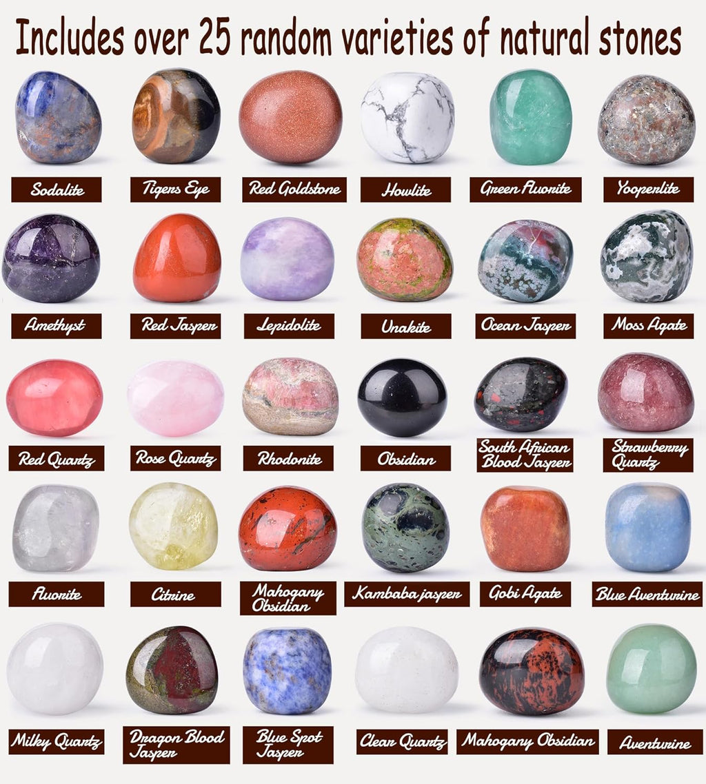 Polished Stone Set Mixed Crystals, 1.2" - 2.5 lbs, 25 Types of Extra Large Size Tumbled Gemstones and Crystals Bulk for Healing, Reiki, Meditation, Witchcraft