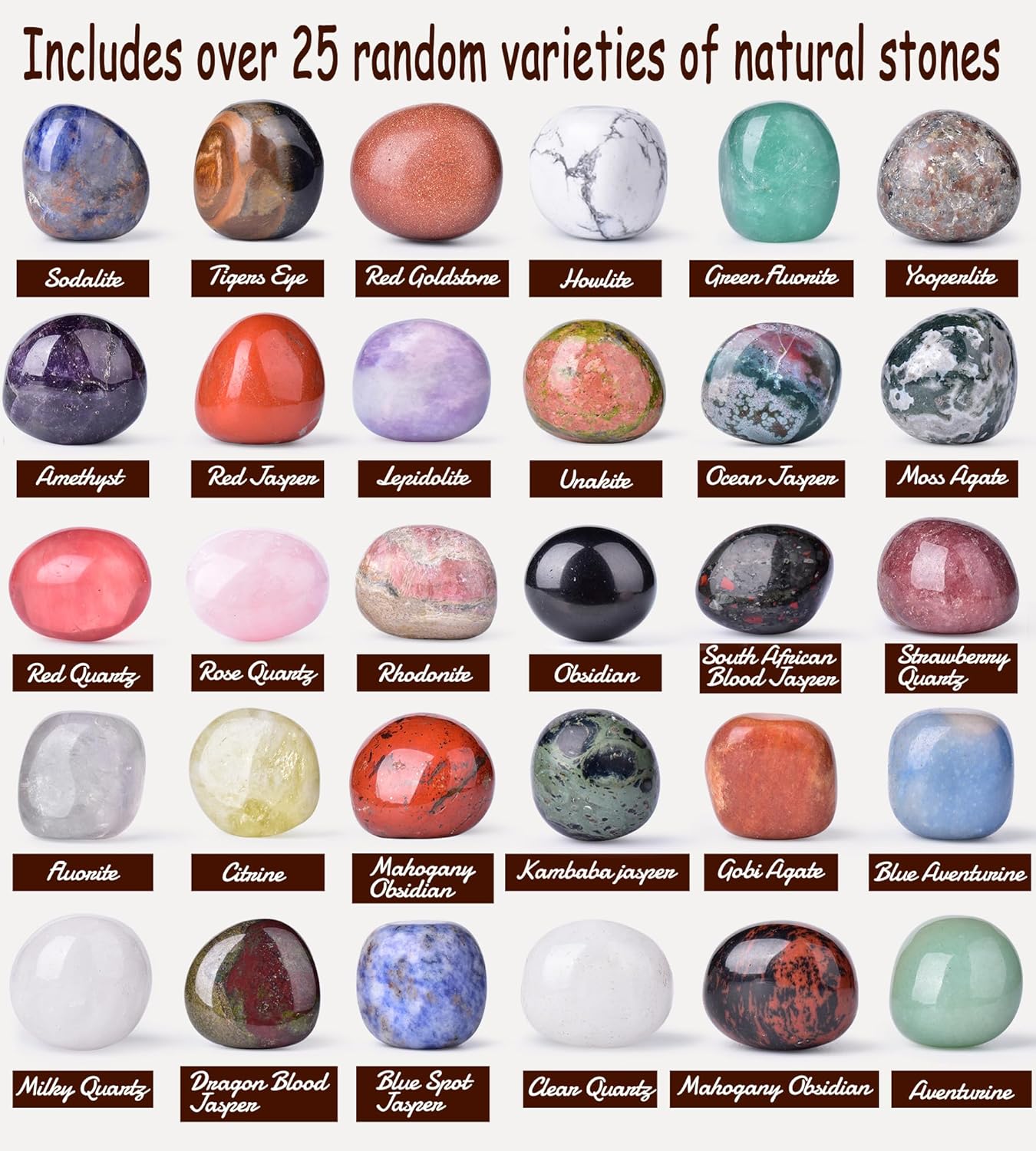 Polished Stone Set Mixed Crystals, 1.2" - 2.5 lbs, 25 Types of Extra Large Size Tumbled Gemstones and Crystals Bulk for Healing, Reiki, Meditation, Witchcraft