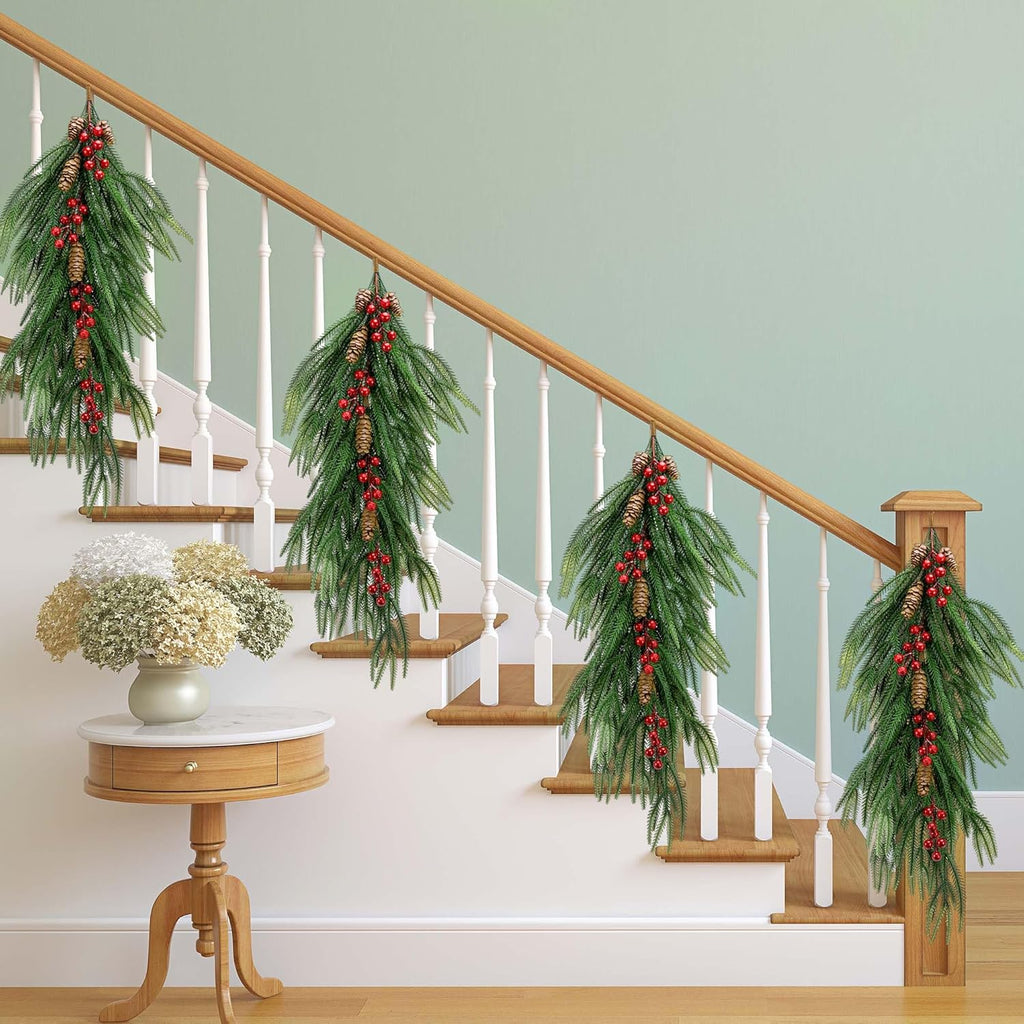 2 Pcs Artificial Christmas Teardrop Swag with Berries and Pinecones, Faux Berry Pine Branch Teardrop Door Swag, Real Touch Norfolk Wreath Greenery Staircase Swags for Xmas Door Mantle Fireplace Decor