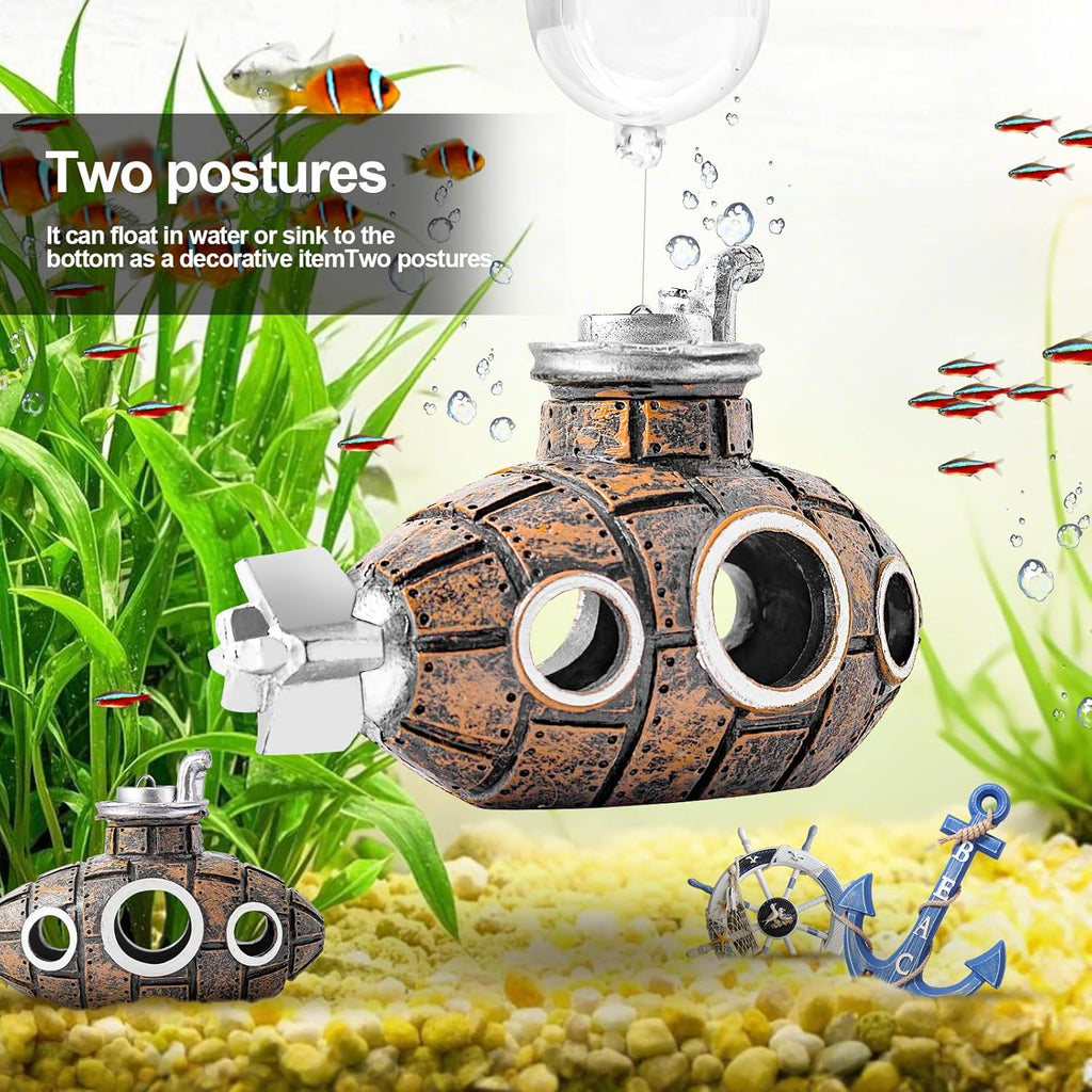 CousDUoBe New Upgrade Floating Fish Tank Decoration, Cute Retro Submarine Set and Floating Diver,Three Float Balls, Aquarium Decorations Resinous Betta Fish Tank Accessories