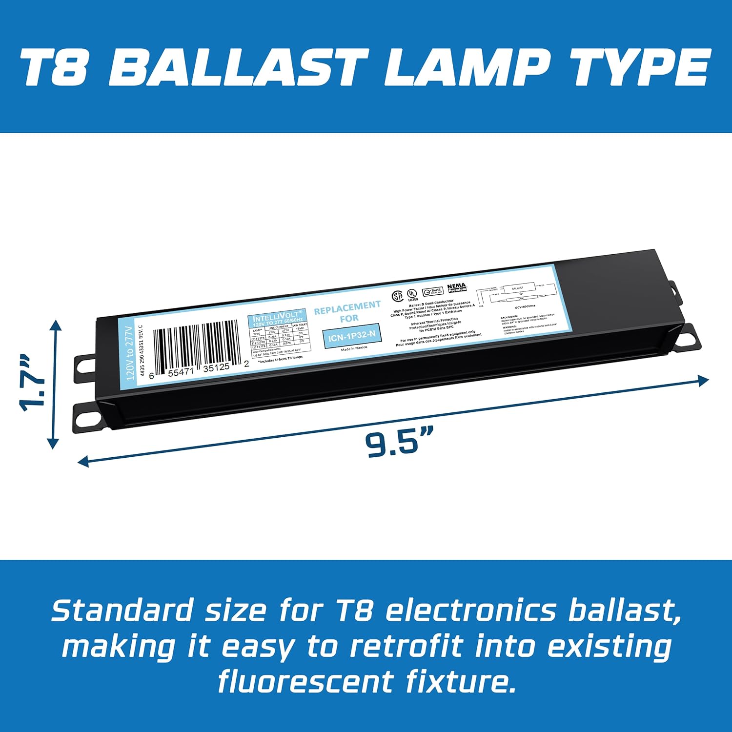 OHLECTRIC 10 Pack - Replacement for ICN1P32-SC 1 Lamp - T8 Fluorescent Ballast, Electronic Ballast Replacement 120-277 Volt, Instant Start - Standard and Energy Efficient Ballasts - UL Approved