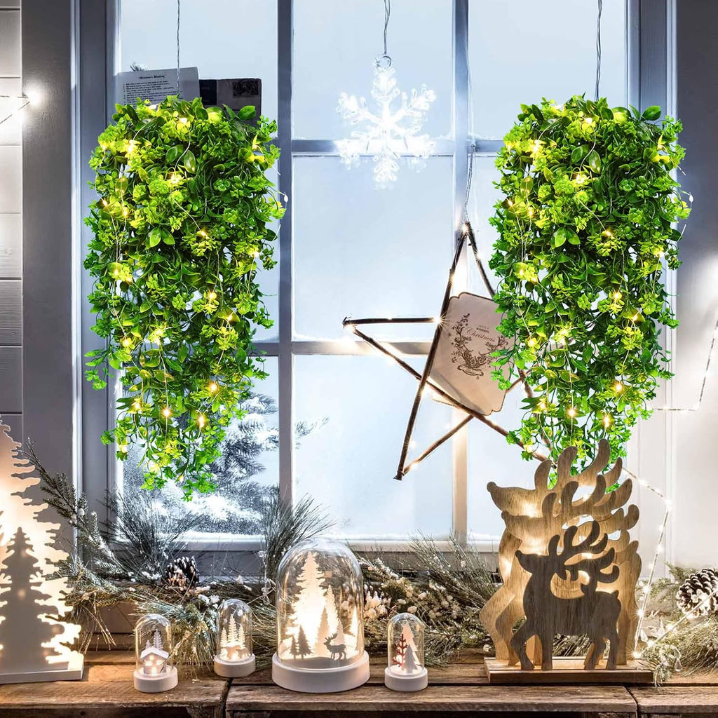 RECUTMS Artificial Hanging Plant Indoor Faux Plants Outdoor Large 2pcs Hanging Greenery with LED Lights Strings Silk Rose Flowers Plastic Leaves Decor for Party Wedding House Patio (Green)