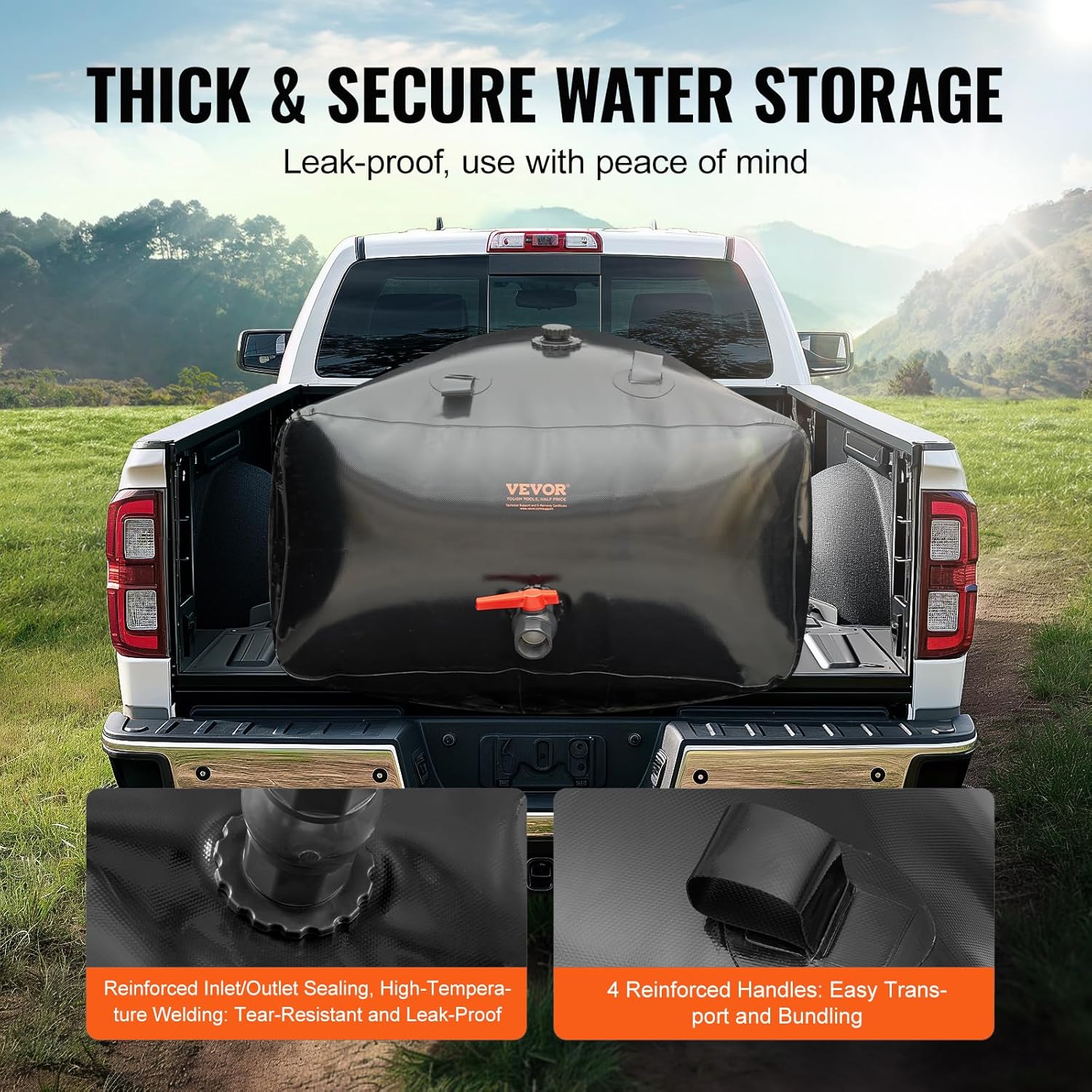 VEVOR 1000L/264 Gallon Water Storage Bladder, RV Water Tank, 1000D PVC Collapsible Water Storage Containers, Large Capacity Soft Water Bag, Portable Water Bladder,Camping,Emergency Water Supply