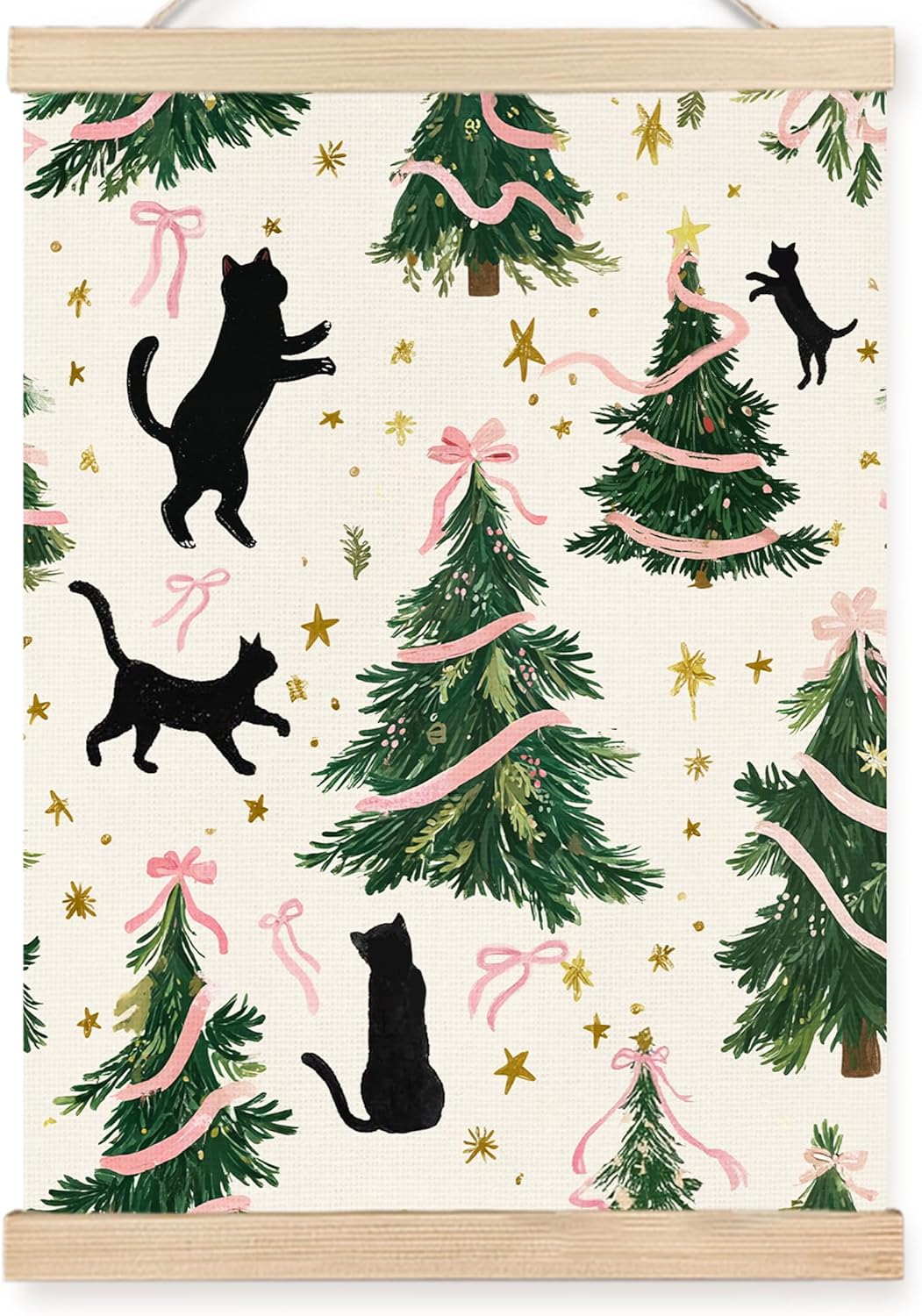 FDHSPAAM Christmas Tree Black Cat Wall Art Decor, Coquette Christmas Decor, Winter Girly Pink Bow Cute Black Cat Wall Art Posters for Home Bedroom Living Room, 12x16 Inch