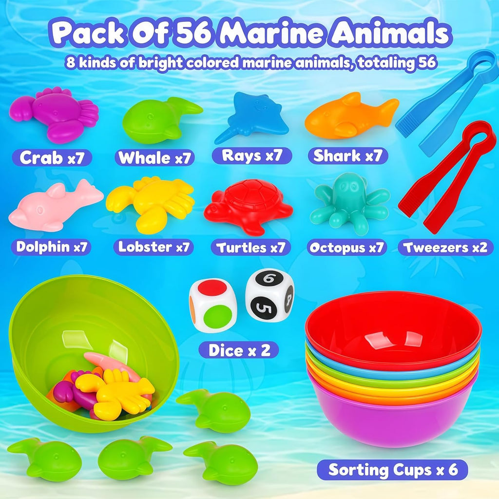 Sorting Colors Sea Animals Counting Toys with Matching Sorting Cups and Game Dices, Color Classification and Sensory Training Preschool Educational Learning Toys for Toddlers Kids Girls Boys Ages 3+