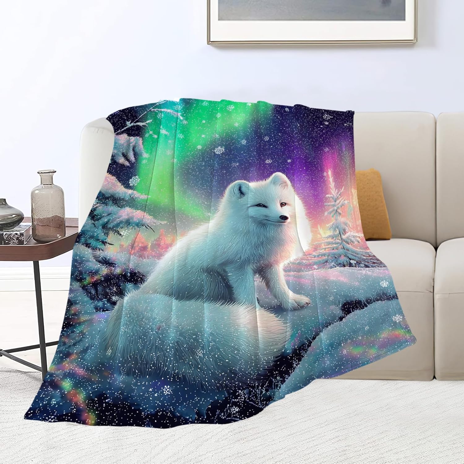 White Fox Blanket Winter Aurora Night Animal Throw Blankets Gifts for Girls Boys Kids Fox Lover Soft Cozy Fleece Plush for Couch Sofa Bed 50"x40"
