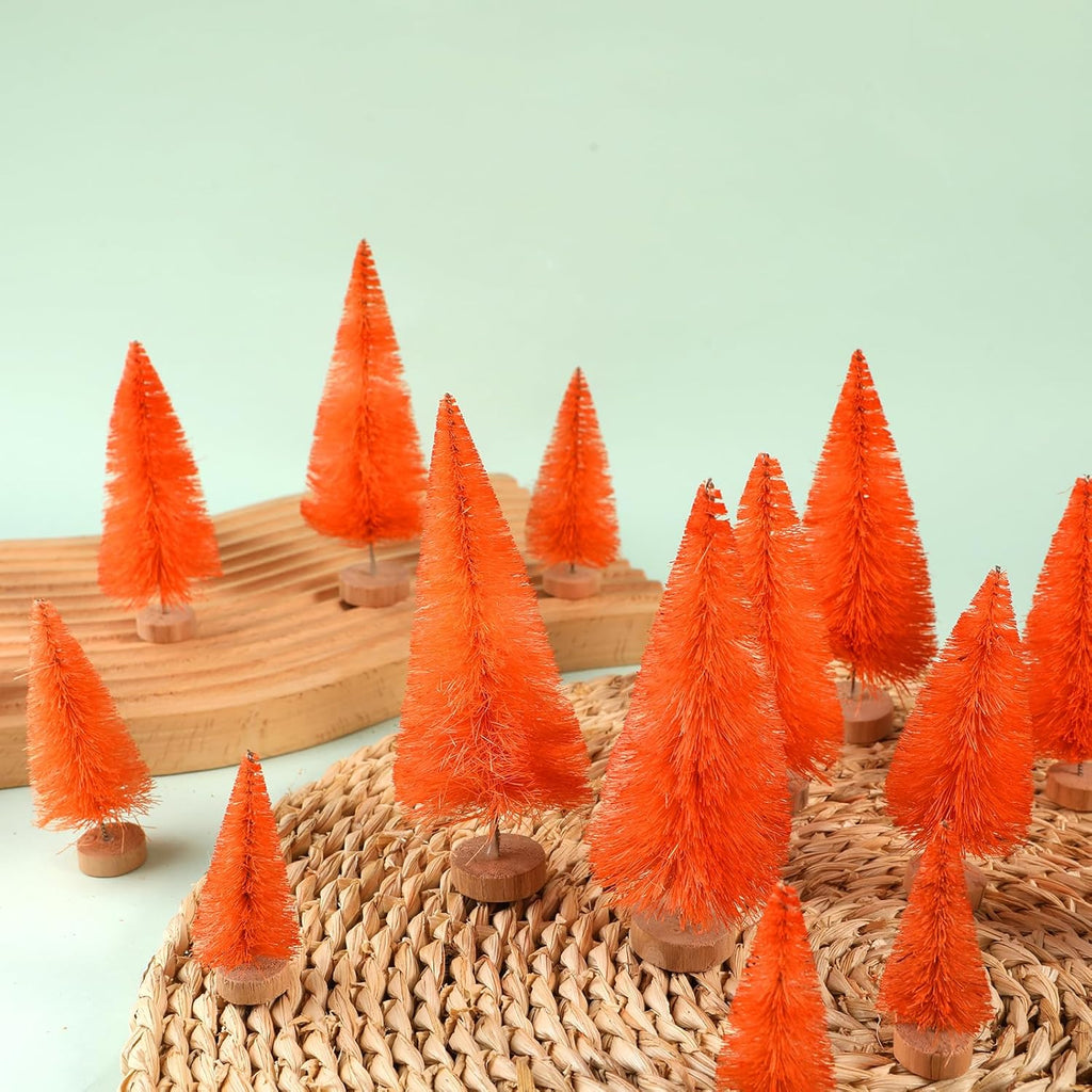 8 Pcs Artificial Mini Christmas Trees, Miniature Pine Trees Sisal Trees with Wood Base Tabletop Christmas Tree for Christmas Xmas Holiday New Year (Orange, 8 pcs)