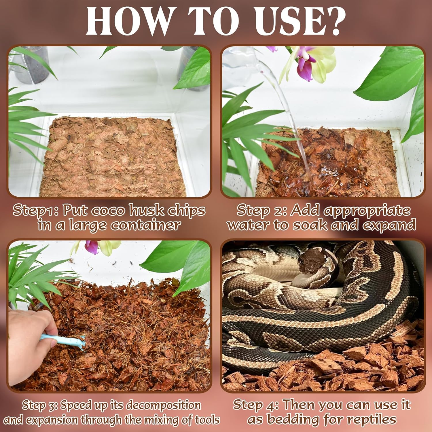 ZeeDix 10LBS Coconut Husk Chip Substrate for Reptiles, 72QT Compressed Organic Coco Coir Chips for Snake Habitat, Reptile Bedding for Ball Python, Tortoises, Geckos, Lizards Terrarium Tanks