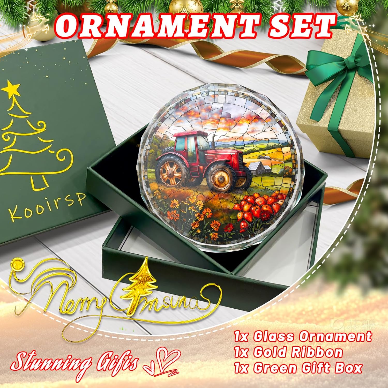 Stained Glass Tractor Ornament - Christmas Tree Decoration, Gift Idea for Holidays