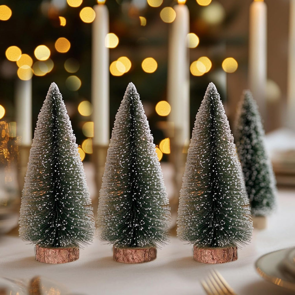 3pcs 10inch Mini Christmas Tree Bottle Brush Trees Chrismas Village Trees Ornaments Mini Plastic Christmas Trees with Wooden Base for Christmas Decoration Miniature Chrismas Tree
