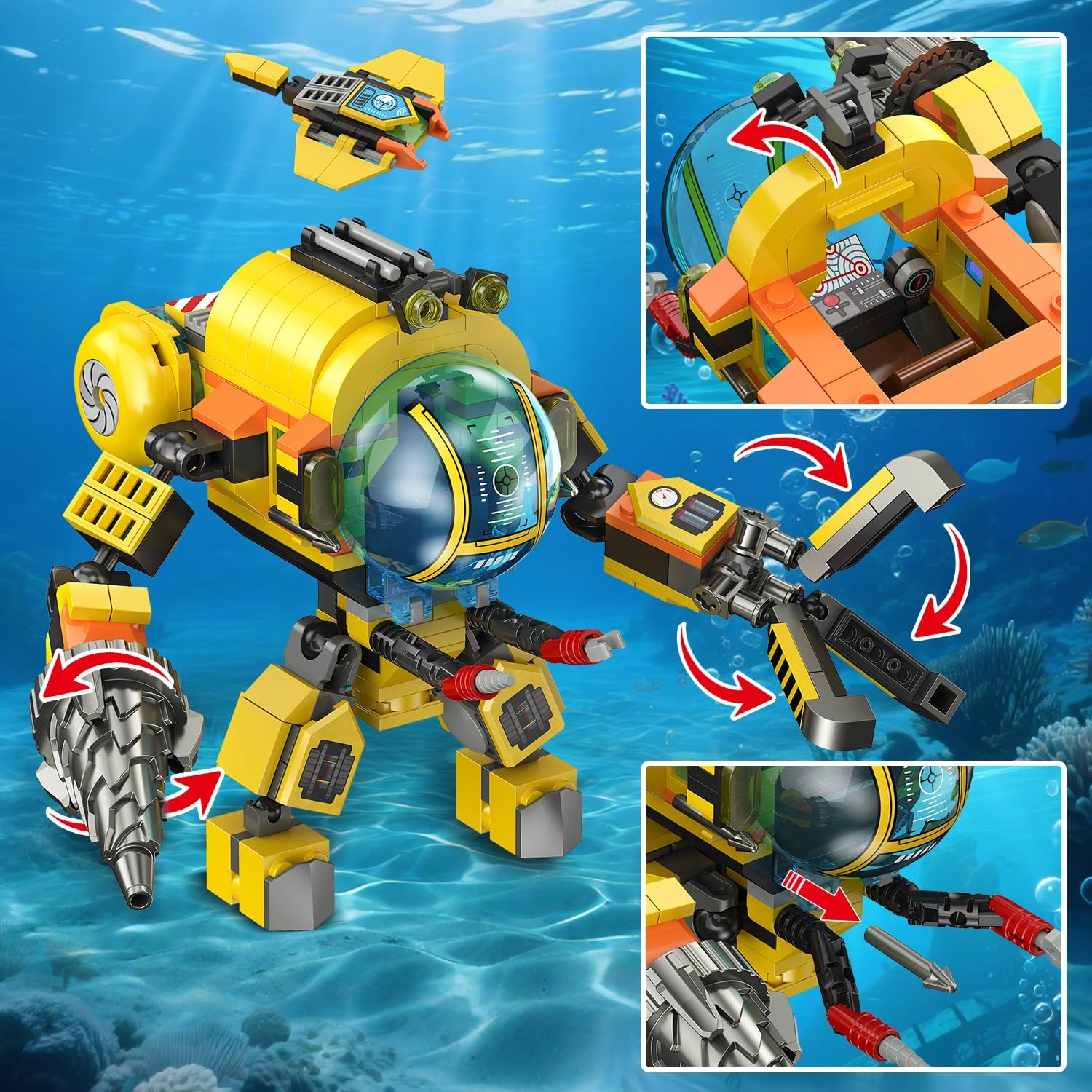 HOGOKIDS 3 Styles City Submarine Building Set with LED Light, Ocean Exploration Yellow Boat Sub Toy with 2 Sharks, Whale Skeleton and Ray Drone, Christmas Birthday Gift for Kids Boys Girls 8-14+