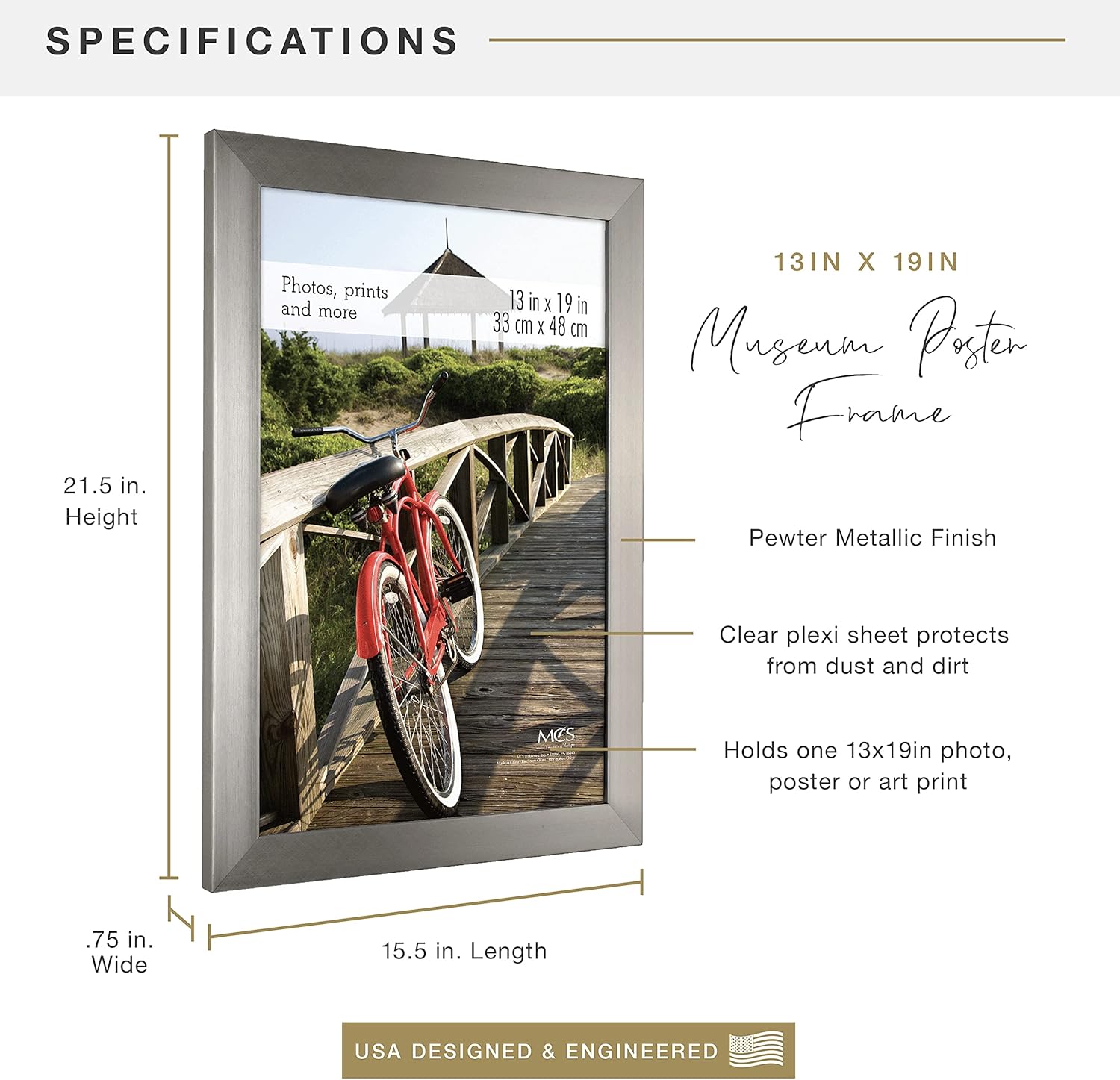 MCS Museum Poster Frame 13x19 Pewter, Vertical & Horizontal Wall Hanging Large Picture Frame for Photos, Posters & Art Prints (1-Pack)