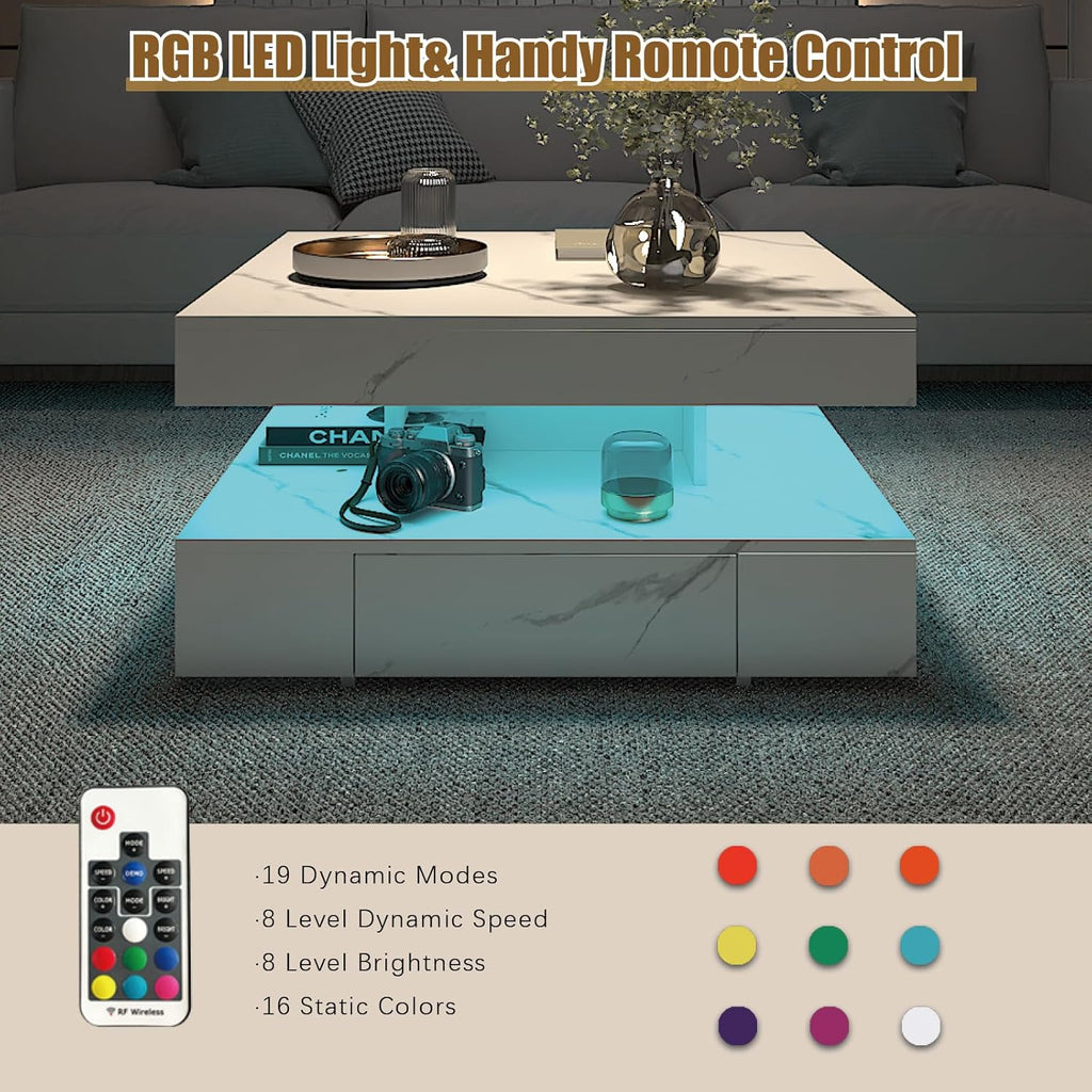 White Marble LED Coffee Table with 2 Storage Drawers for Living Room Square Center Middle Table Modern Cocktail Table with Light 2-Tier Tea Tables Contemporary Mid Century Wood Home Office