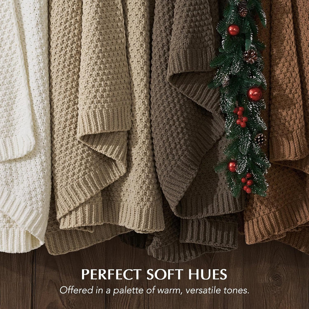 EVERGRACEHOME Chunky Chenille Knit Throw Blanket for Couch, Soft Luxurious Moss Stitch Blankets for Bed, Cozy Decorative Farmhouse Knitted Throws for Sofa, Mocha Brown, 50" x 60"