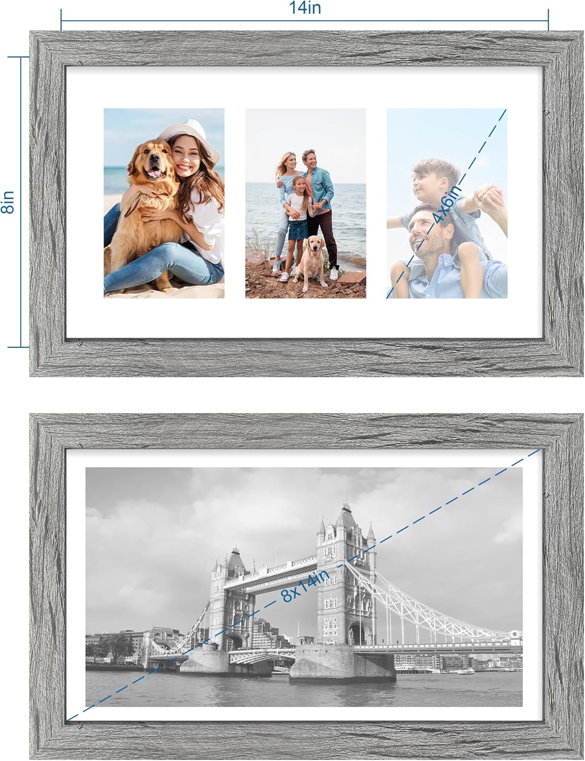 8x14 Picture Frame Set of 2, Rustic Grey Wood Frame with Glass Collage Frame, Display Pictures 3-4x6 With Mat or 8 x 14 Without Mat - Horizontal or Vertical Wall Mounting