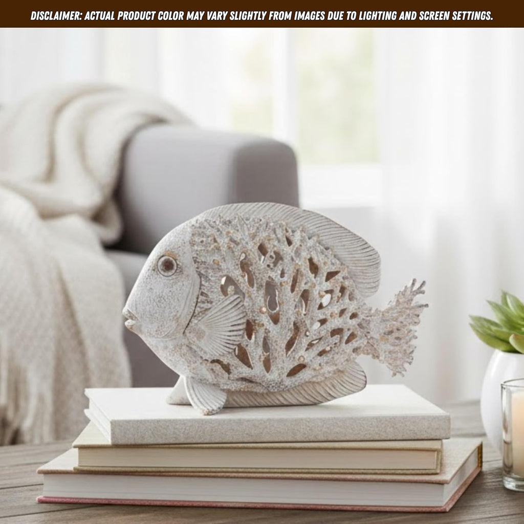 Coral Reef Fish Figurine Coastal Home Decor – Ocean Themed White Accent for Shelf, Countertop & Centerpiece – 12 1/2 Inch Polystone Sculpture