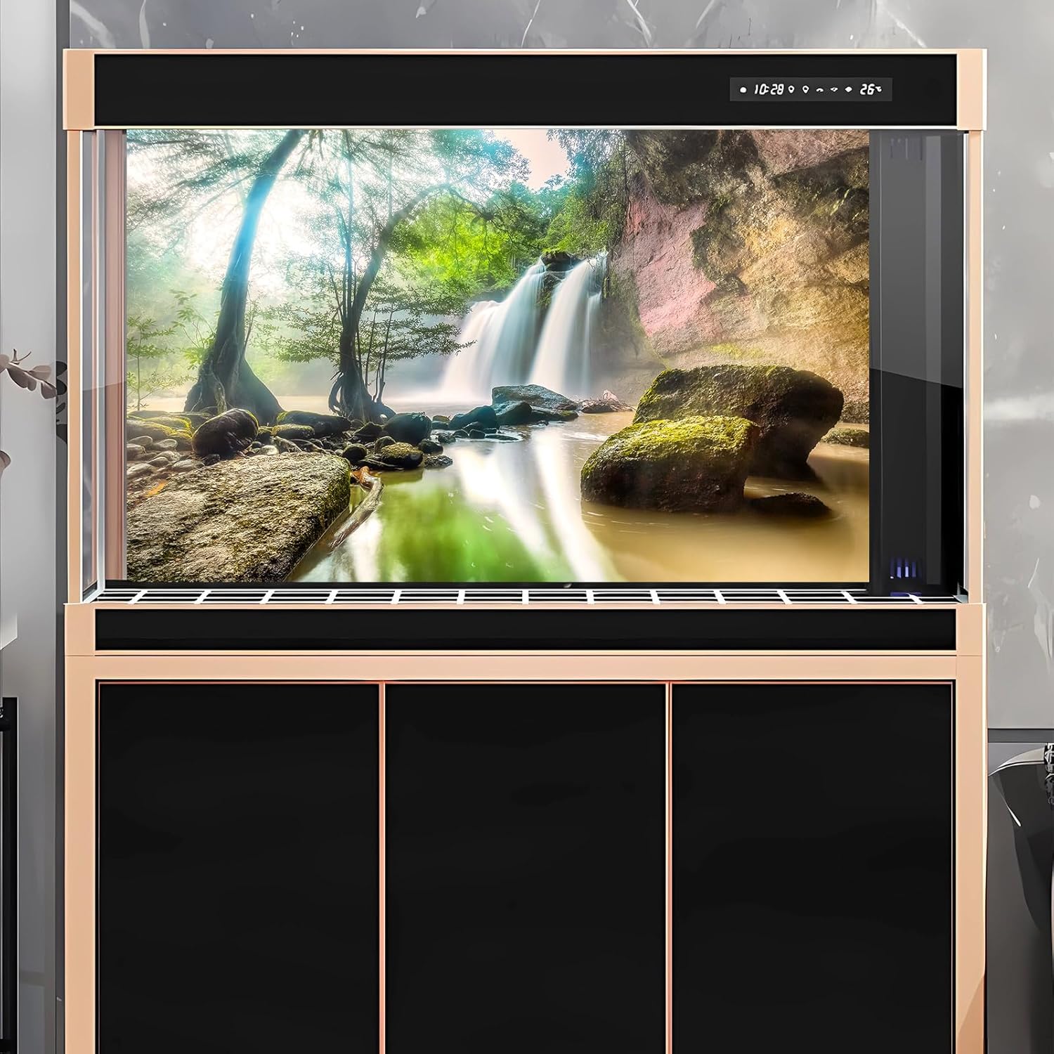 Waterfall Aquarium Background Jungle Rainforest Natural Landscape Terrarium Background Jungle Style Tranquil Stream Fish Tank Background Fall Forest Sunbeams Reptile Background Vinyl 24x16in