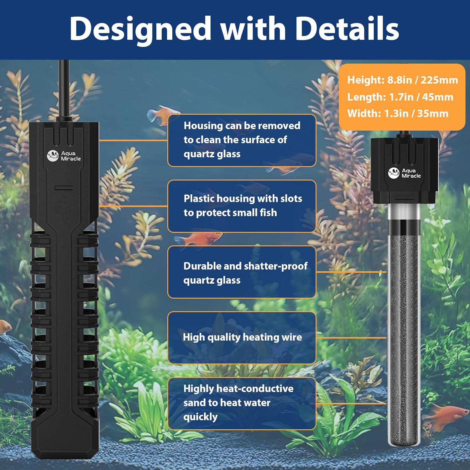 AquaMiracle 300W Submersible Aquarium Heater with LED Digital Display Thermostat, Fish Tank Heater Turtle Heater with Protective Housing, for Tanks 40-75 Gallons
