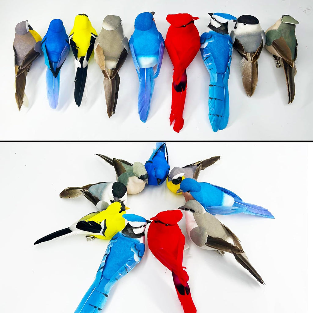 Artificial Birds Ornaments Christmas Tree Decoration Clip on Birds 9pcs Assorted Realistic Red Blue Feathered Fake Song Bird Figurines for Wreath Craft Xmas Party Decor