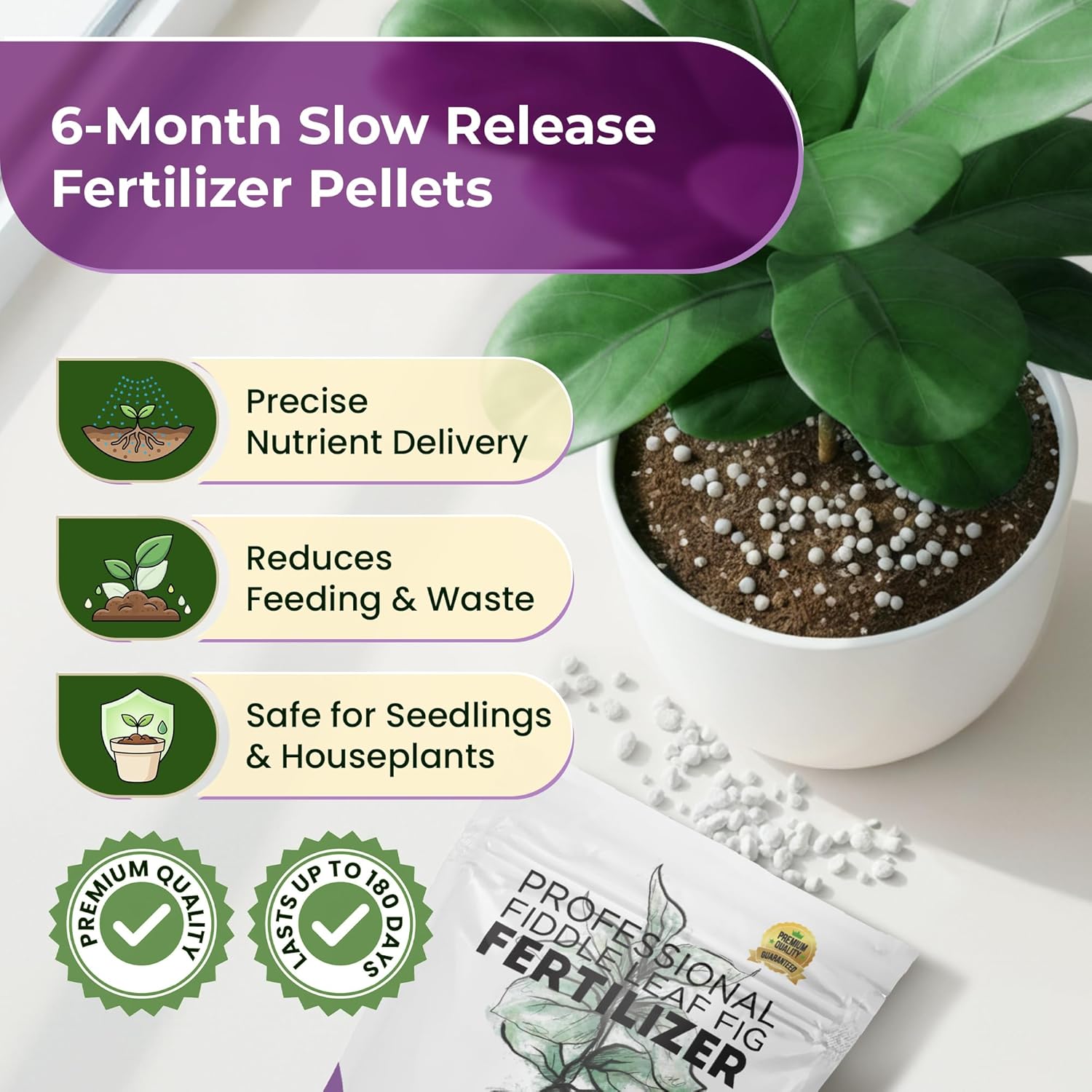 Fiddle Leaf Fig and House Plant Fertilizer Pellets |16-5-11 Slow Release Pellets for Seedlings and Mature Houseplants | Multi-Purpose Blend & Gardening Supplies| 5.2 oz Resealable Packaging