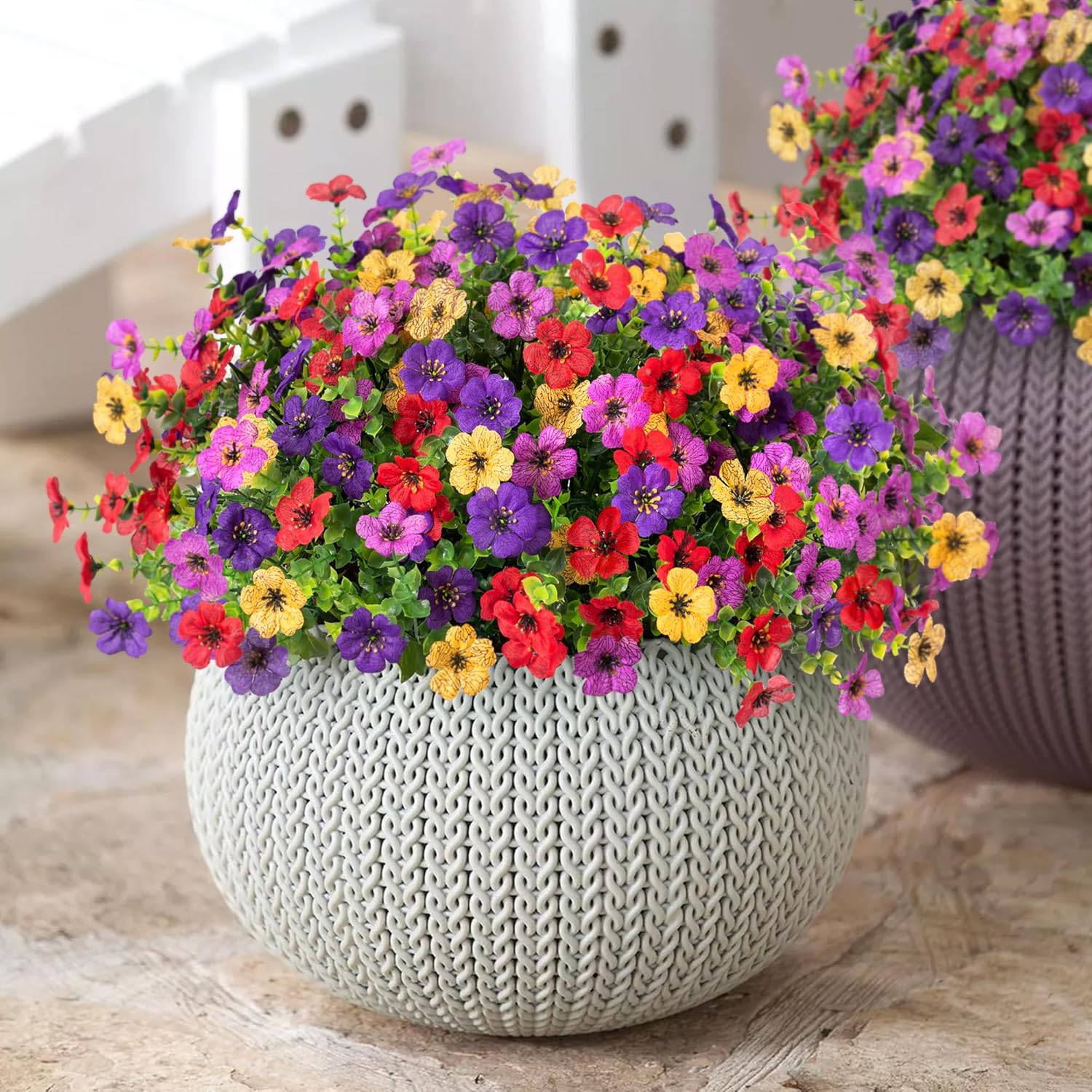 Fall Mums Artificial Flowers for Outdoors Potted, 12 Bundles Fake Fall Daisy Flower with Realistic Eucalyptus Leaves, Fake Plants for Greenery Boxwood Porch Patio Garden Pot Lawn