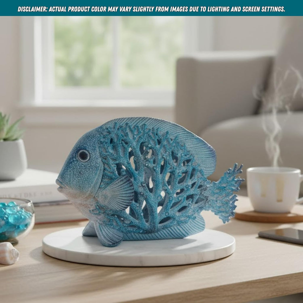 Coral Reef Fish Figurine Coastal Home Decor Ocean Themed Accent for Shelf, Countertop & Centerpiece 12 1/2 in (Blue)